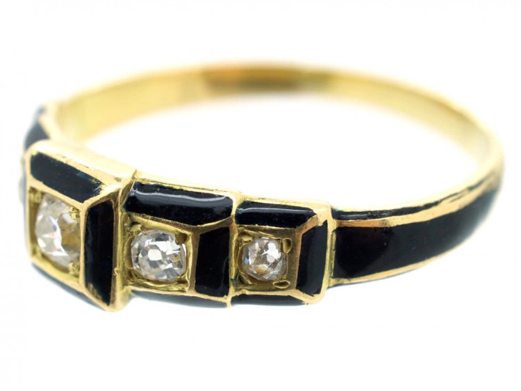 Victorian 18ct Gold Black Enamel & Diamond Five Stone Ring