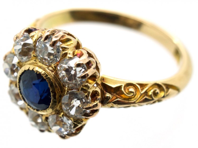 Edwardian 18ct Gold Diamond & Sapphire Cluster Ring