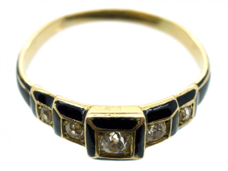 Victorian 18ct Gold Black Enamel & Diamond Five Stone Ring