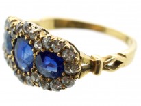 Edwardian 18ct Gold Triple Cluster Diamond & Sapphire Ring