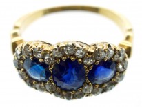 Edwardian 18ct Gold Triple Cluster Diamond & Sapphire Ring