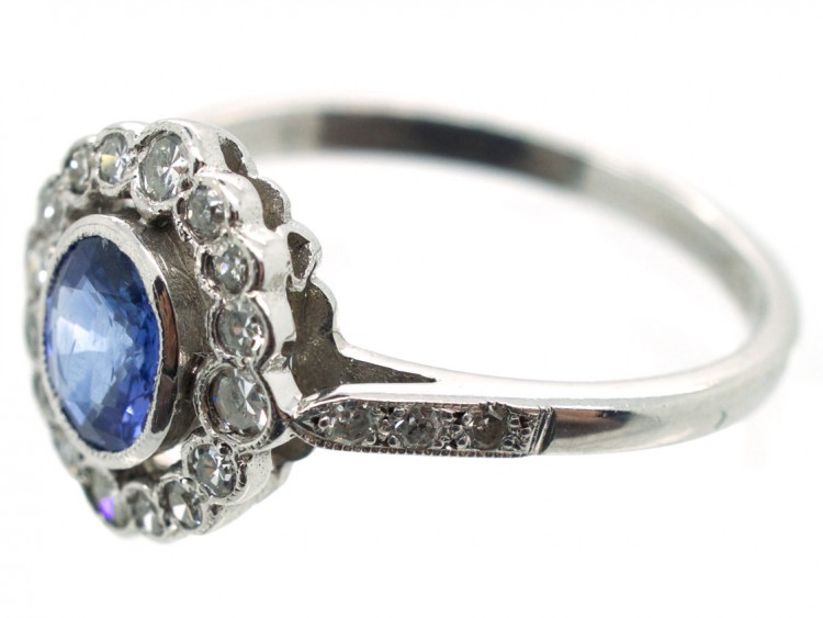 Ceylon Sapphire & Diamond Cluster Ring with Diamond Shoulders