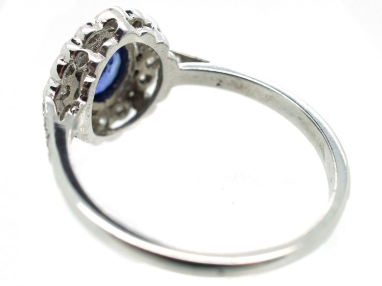 Ceylon Sapphire & Diamond Cluster Ring with Diamond Shoulders
