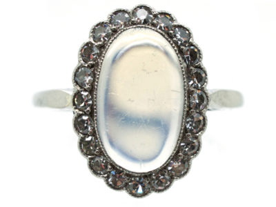 Edwardian Platinum, Moonstone & Diamond Oval Cluster Ring