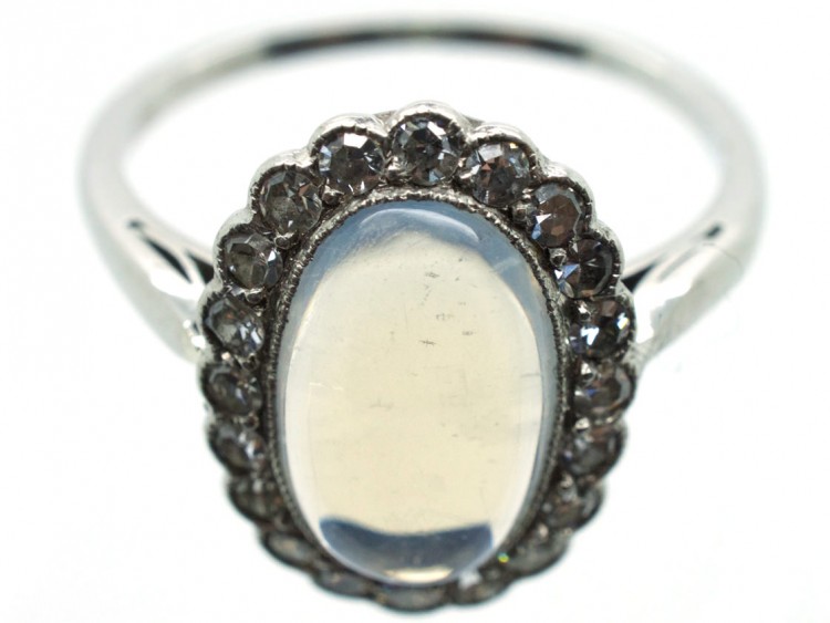 Edwardian Platinum, Moonstone & Diamond Oval Cluster Ring