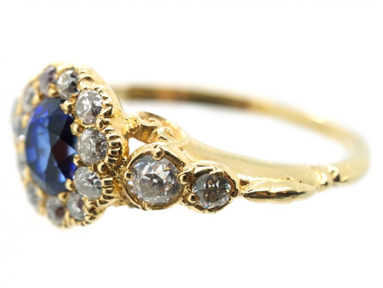 Edwardian 18ct Gold Sapphire & Diamond Cluster Ring with Diamond Shoulders