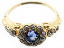 Edwardian 18ct Gold Sapphire & Diamond Cluster Ring with Diamond Shoulders