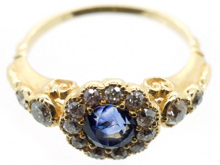 Edwardian 18ct Gold Sapphire & Diamond Cluster Ring with Diamond Shoulders