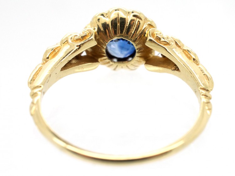 Edwardian 18ct Gold Sapphire & Diamond Cluster Ring with Diamond Shoulders