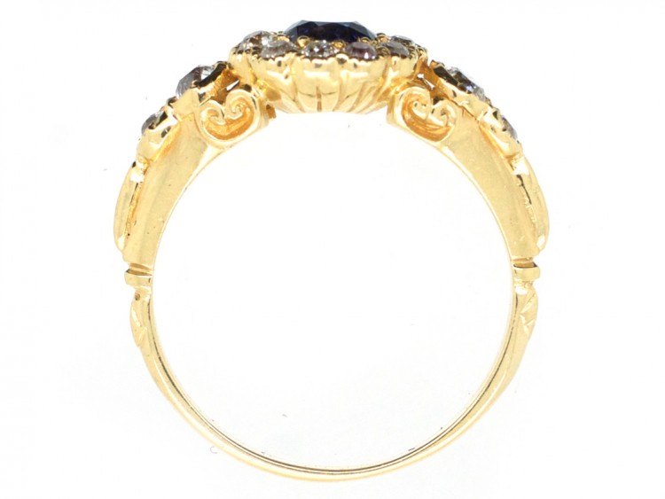 Edwardian 18ct Gold Sapphire & Diamond Cluster Ring with Diamond Shoulders