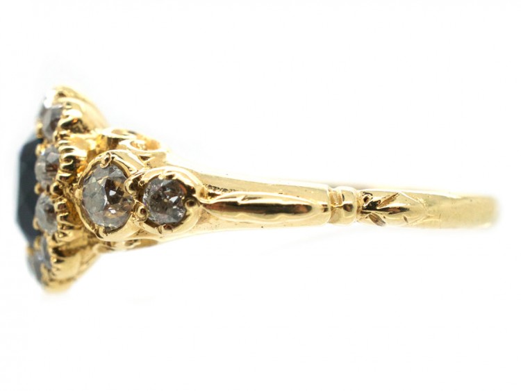 Edwardian 18ct Gold Sapphire & Diamond Cluster Ring with Diamond Shoulders