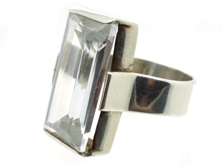 Large Rectangular Rock Crystal Silver Ring