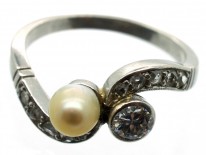Art Nouveau 18ct White Gold Diamond & Natural Pearl Crossover Ring