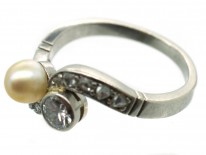 Art Nouveau 18ct White Gold Diamond & Natural Pearl Crossover Ring