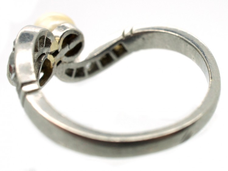 Art Nouveau 18ct White Gold Diamond & Natural Pearl Crossover Ring