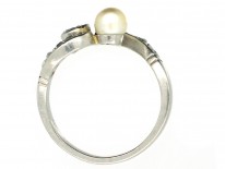Art Nouveau 18ct White Gold Diamond & Natural Pearl Crossover Ring