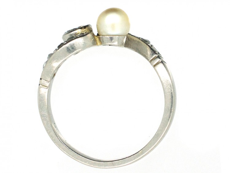 Art Nouveau 18ct White Gold Diamond & Natural Pearl Crossover Ring