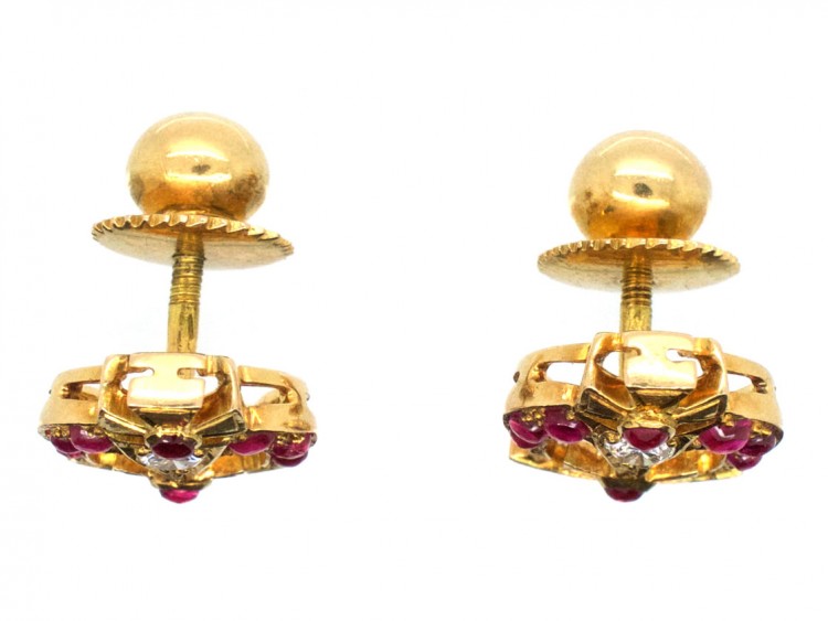 14ct Gold Ruby & Diamond Queen's English Coronation Crown Earrings