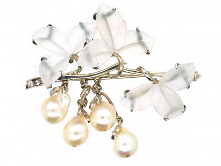 Carved Rock Crystal, Pearl & Diamond Brooch of Leaves & Flowers