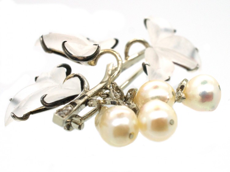 Carved Rock Crystal, Pearl & Diamond Brooch of Leaves & Flowers
