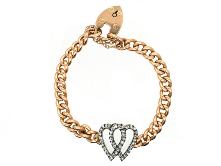 Edwardian 15ct Gold & Rose Diamond Double Heart Bracelet