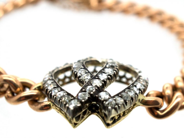 Edwardian 15ct Gold & Rose Diamond Double Heart Bracelet