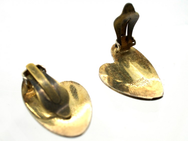 Silver Gilt Green Enamel Lily Pad Earrings by Finn Jensen