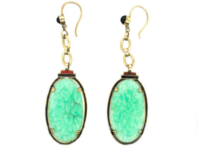 Art Deco Silver Gilt, Peking Glass, Red & Black Enamel Long Drop Earrings