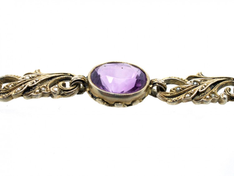 Edwardian Silver, Amethyst & Pearl Bracelet