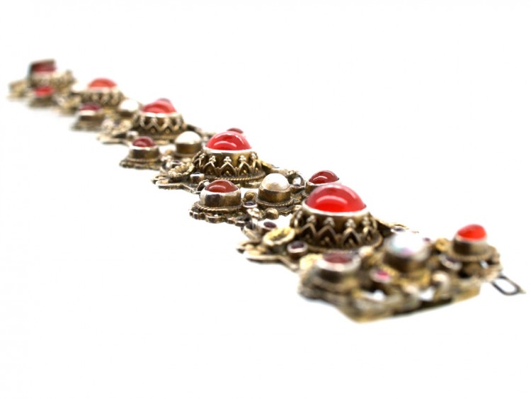 Austro-Hungarian Silver Bracelet set with Carnelians, Pearls & Garnets