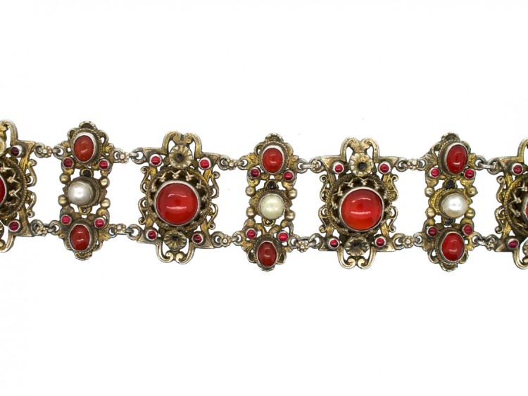 Austro-Hungarian Silver Bracelet set with Carnelians, Pearls & Garnets