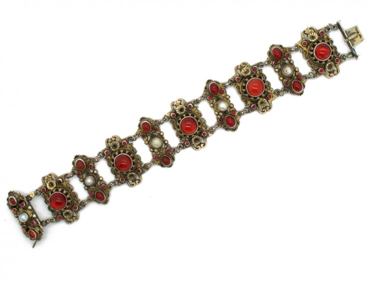 Austro-Hungarian Silver Bracelet set with Carnelians, Pearls & Garnets
