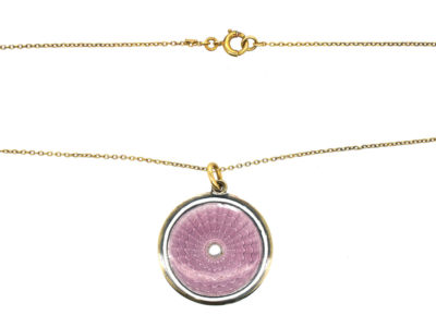Edwardian 15ct Gold Pink & White Enamel Round Pendant on Chain in Original Case
