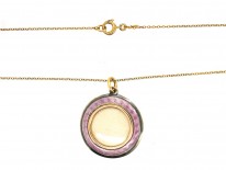 Edwardian 15ct Gold Pink & White Enamel Round Pendant on Chain in Original Case