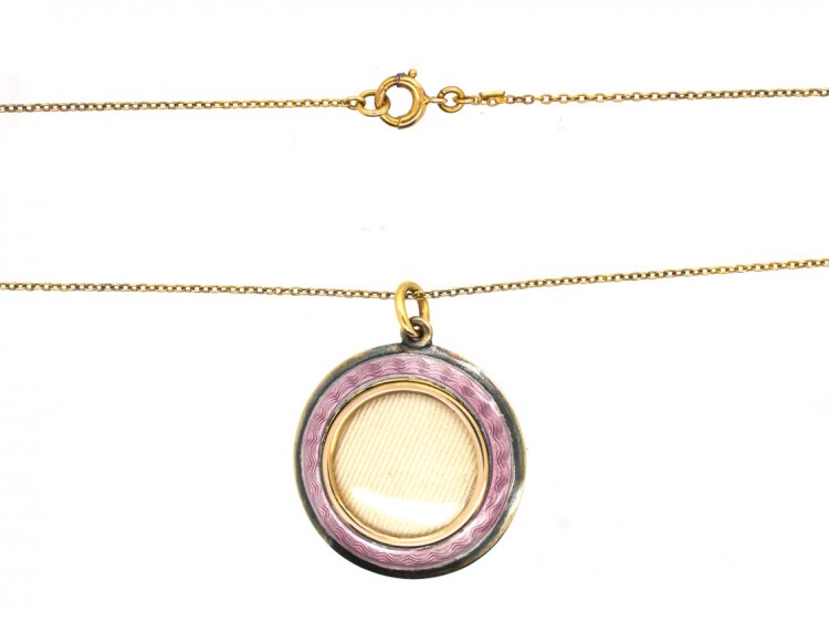 Edwardian 15ct Gold Pink & White Enamel Round Pendant on Chain in Original Case