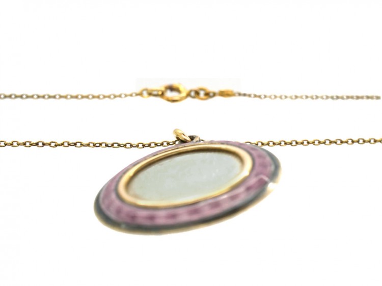 Edwardian 15ct Gold Pink & White Enamel Round Pendant on Chain in Original Case