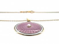 Edwardian 15ct Gold Pink & White Enamel Round Pendant on Chain in Original Case