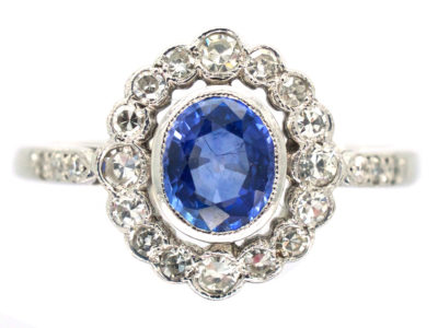 Ceylon Sapphire & Diamond Cluster Ring with Diamond Shoulders