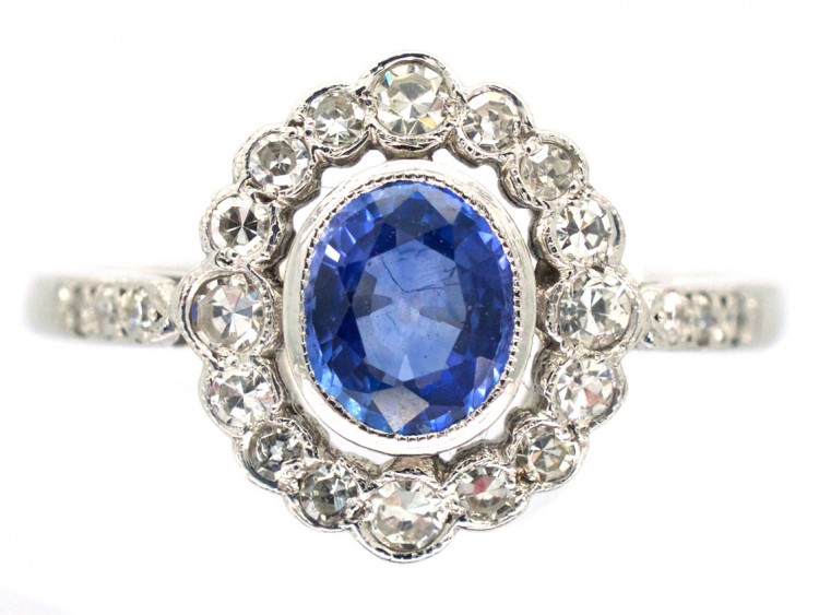 Ceylon Sapphire & Diamond Cluster Ring with Diamond Shoulders