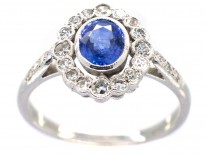 Ceylon Sapphire & Diamond Cluster Ring with Diamond Shoulders