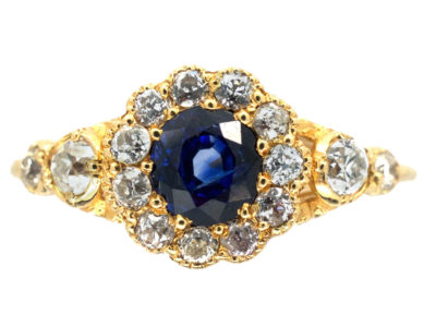 Edwardian 18ct Gold Sapphire & Diamond Cluster Ring with Diamond Shoulders