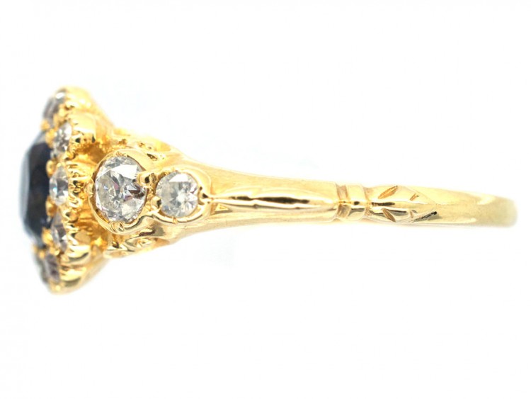 Edwardian 18ct Gold Sapphire & Diamond Cluster Ring with Diamond Shoulders