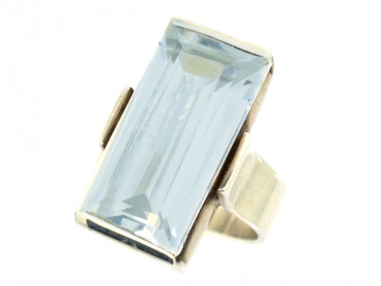 Large Rectangular Rock Crystal Silver Ring