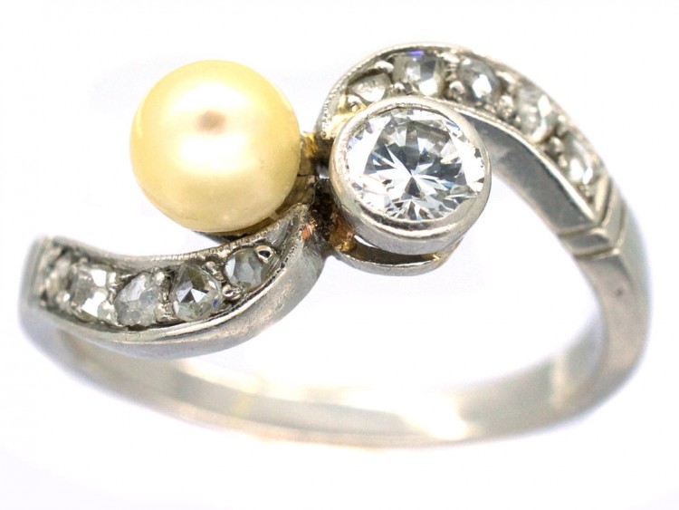 Art Nouveau 18ct White Gold Diamond & Natural Pearl Crossover Ring