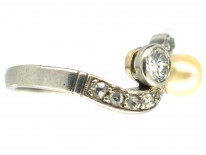 Art Nouveau 18ct White Gold Diamond & Natural Pearl Crossover Ring