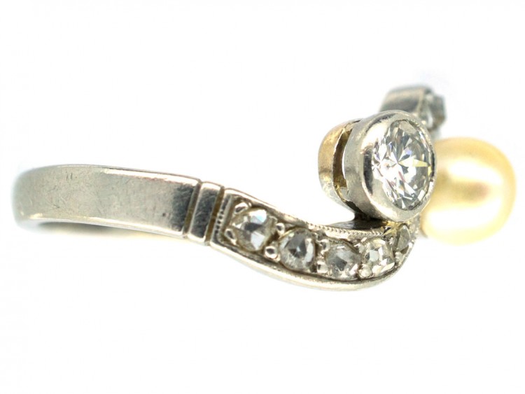 Art Nouveau 18ct White Gold Diamond & Natural Pearl Crossover Ring