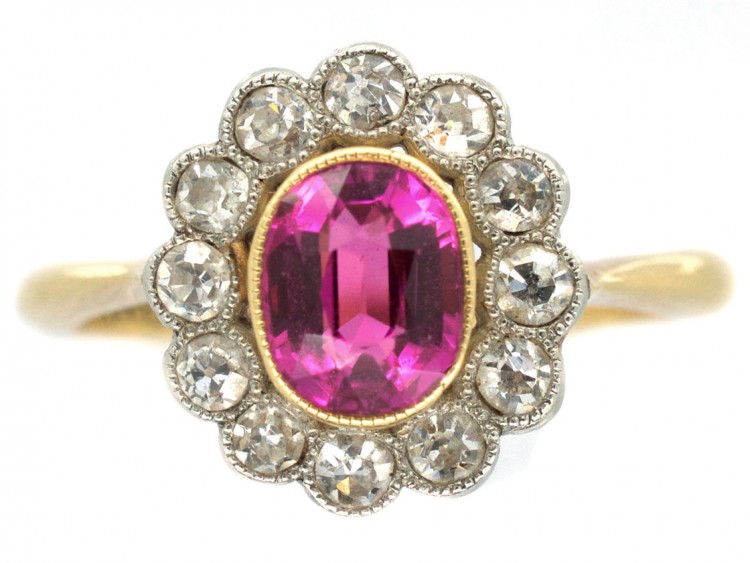 Edwardian Pink Sapphire & Diamond Cluster Ring
