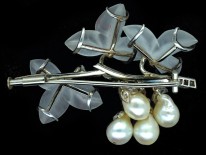 Carved Rock Crystal, Pearl & Diamond Brooch of Leaves & Flowers