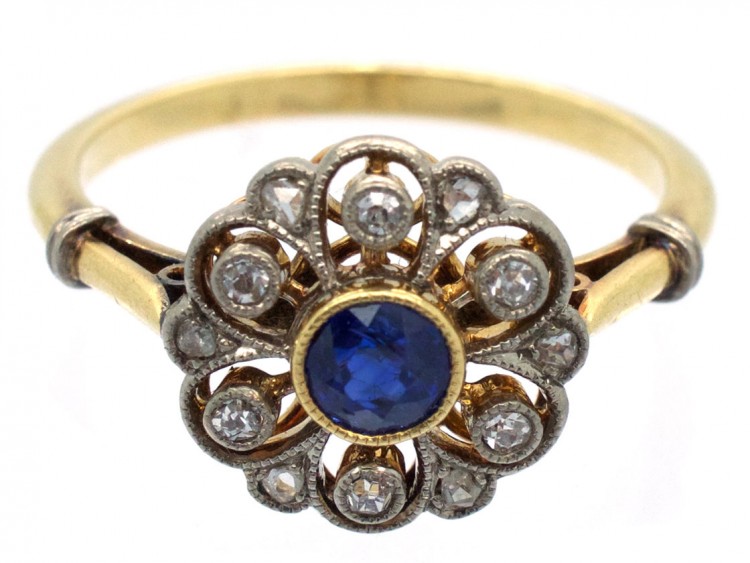 Edwardian 18ct Gold, Sapphire & Diamond Cluster Ring