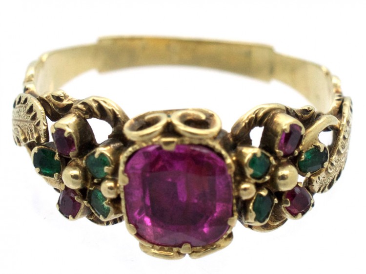 Late Georgian 15ct Gold, Ruby & Emerald Double Pansy Ring with Central Ruby